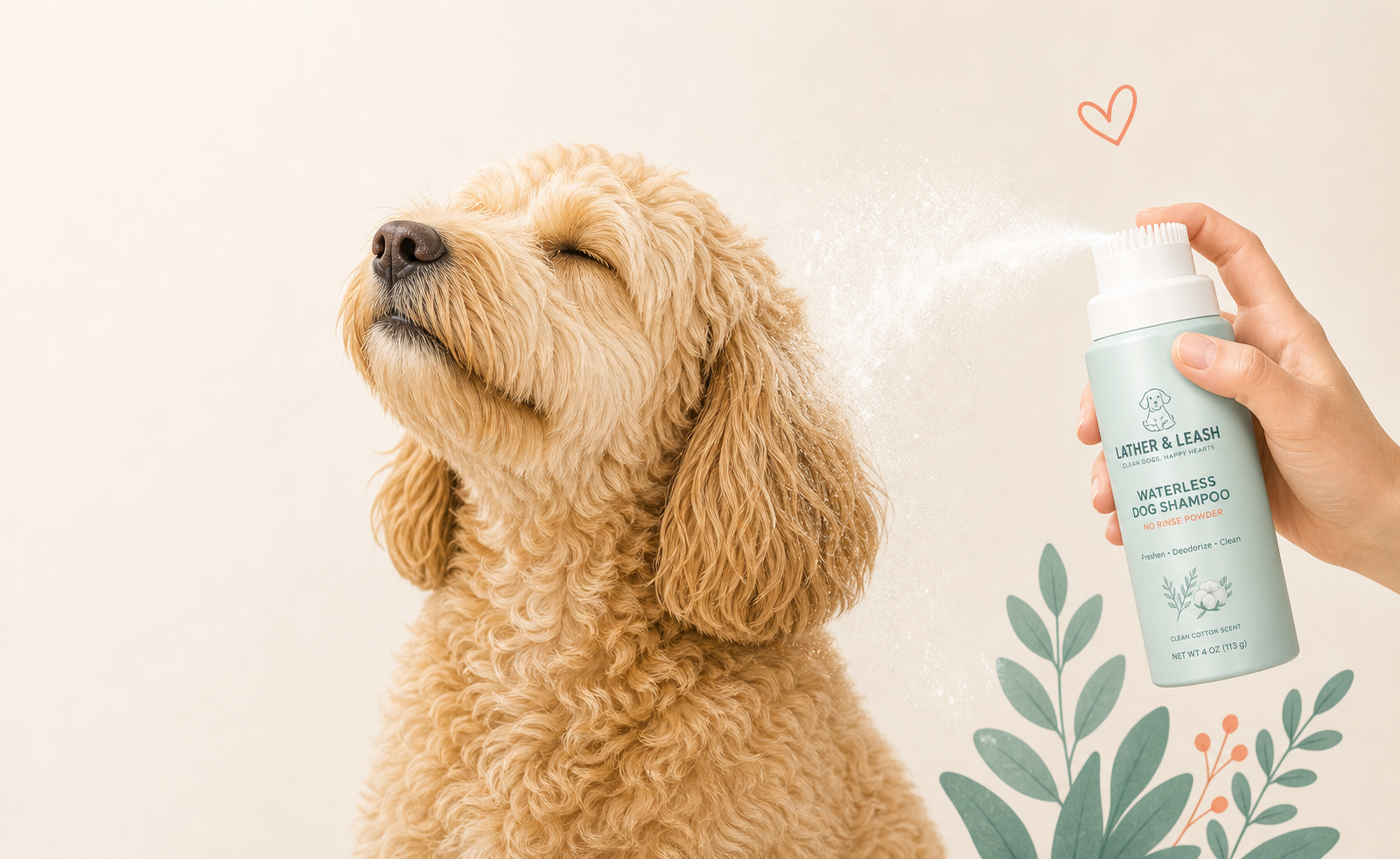 Cute golden doodle refreshed by a waterless dog shampoo brush applicator